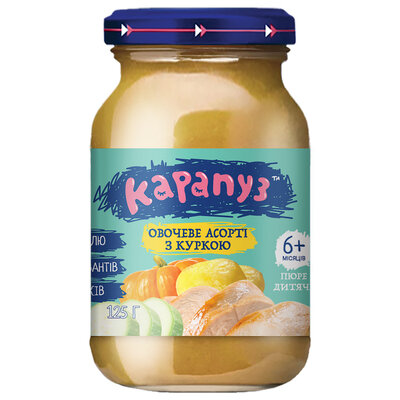 Пюре м'ясо-овочеве Карапуз Овочеве асорті з куркою, 125 г