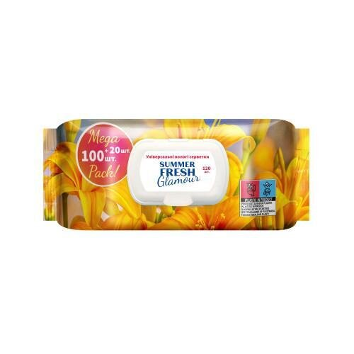 Серветки вологі Summer Fresh Glamour з клапаном, 120 шт