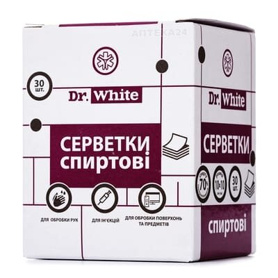 Серветки спиртові Dr.White для ін'єкцій 10 см х 10 см, 30 штук