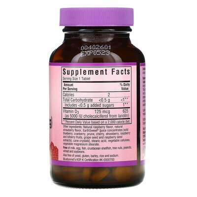 Вітамін D3 5000IU Bluebonnet Nutrition Earth Sweet Chewables з малиновим смаком, 90 жувальних таблеток