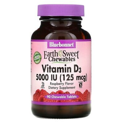 Вітамін D3 5000IU Bluebonnet Nutrition Earth Sweet Chewables з малиновим смаком, 90 жувальних таблеток