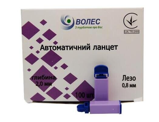 Ланцети Волес глибина проколу 2,0 мм, стерильні G21 (0,8 мм), 100 штук