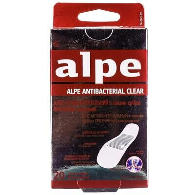 Пластир медичний Alpe Antibacterial Clear антибактеріальний з іонами срібла, прозорий класичний 76 мм х 19 мм, 20 штук