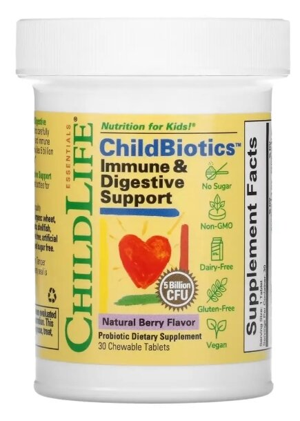 Підтримка імунітету і травлення ChildLife Child Biotics Immune Digestive Support, 30 жувальних таблеток