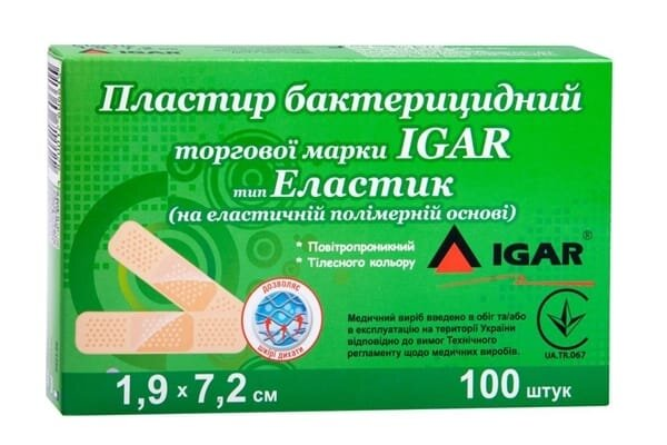 Пластир бактерицидний IGAR тип Еластик на еластичній полімерній основі 1,9 см х 7,2 см, 1 штука