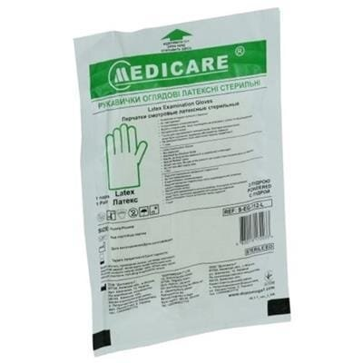 Рукавички оглядові Medicare Latex Powdered Sterile латексні з пудрою стерильні, розмір M, пара
