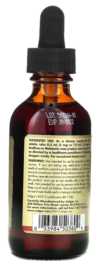 Мелатонін Solgar Melatonin 10 мг рідкий, 59 мл