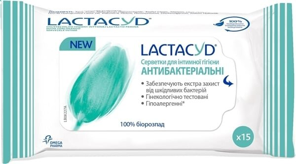 Серветки для інтимної гігієни Lactacyd Антибактеріальні, 15 штук