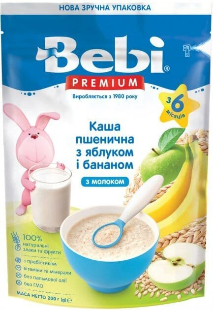 Каша молочна Bebi Premium Пшенична з яблуком і бананом, з 6 місяців, 200 г