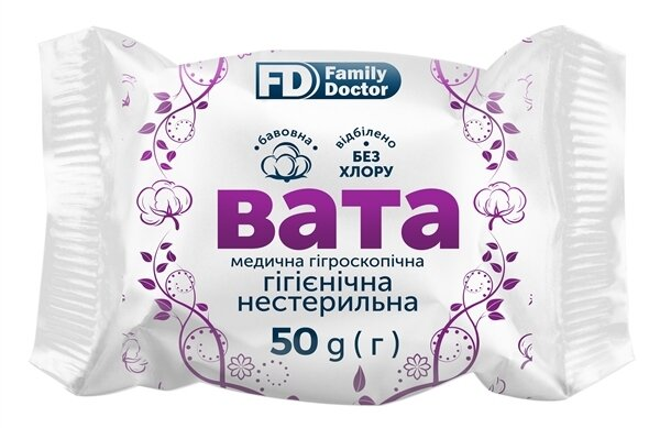 Вата нестерильна FD Family Doctor медична гігроскопічна, гігієнічна, ролик 50 г