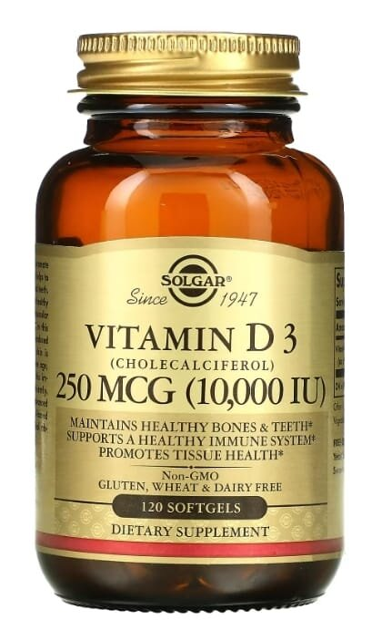 Вітамін Д3 Solgar Vitamin D3 (Cholecalciferol) 250 мкг (10000 МО) м'які капсули №120