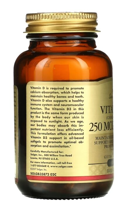 Вітамін Д3 Solgar Vitamin D3 (Cholecalciferol) 250 мкг (10000 МО) м'які капсули №120