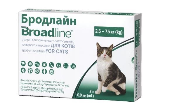 Бродлайн краплі від бліх і кліщів для кішок вагою 2,5 - 7,5 кг, 3 штуки