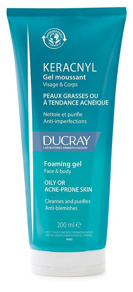 Гель Ducray Keracnyl Foaming Gel очищувальний для обличчя та тіла, для жирної шкіри зі схильністю до акне, 200 мл