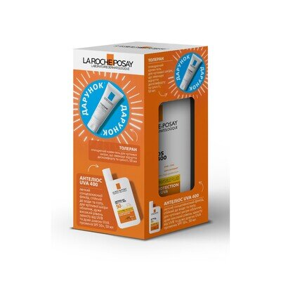 Набір La Roche-Posay Anthelios UVA 400, легкий сонцезахисний флюїд, для чутливої шкіри обличчя SPF50+, 50 мл + Toleriane очищуючий крем-гель, 50 мл
