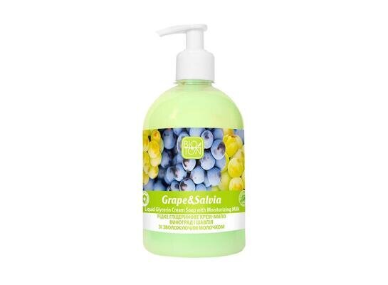 Крем-мило рідке Bioton Cosmetics Виноград і шавлія зі зволожуючим молочком, з дозатором, 500 мл