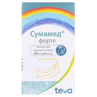 Сумамед форте порошок д/ор. сусп. зі смак. банан. 200 мг/5 мл (600 мг) по 15 мл у флак.