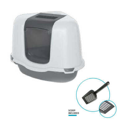 Туалет закритий Petmax Cat Toilet Ella Corner кутовий для котів з совком у комплекті, біло-сірий