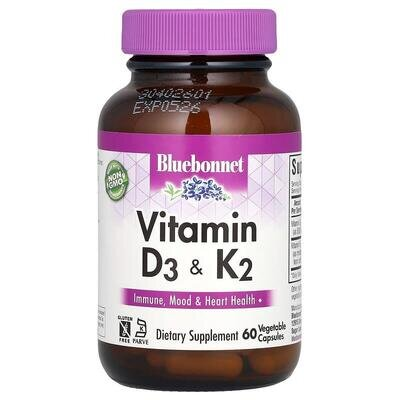 Вітаміни D3 та K2 Bluebonnet Nutrition Vitamin D3 & K2, 60 вегетаріанських капсул