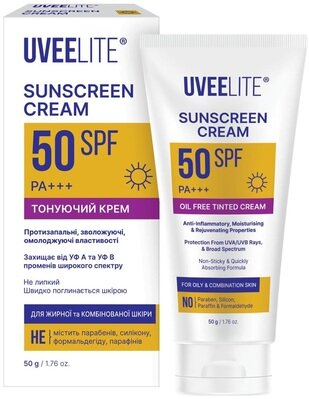 Крем сонцезахисний Uveelite УФ-лайт SPF50 тонуючий, жирна та комбінована шкіра, 50 г