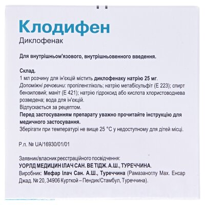 Клодифен розчин д/ін. 25 мг/мл по 3 мл №5 в амп.