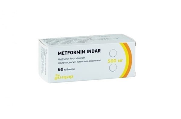 Метформін Індар таблетки, в/плів. обол. по 500 мг №60 (10х6)