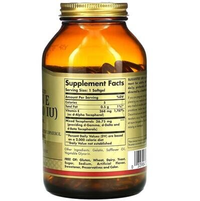 Вітамін Е Solgar Vitamin E 268 мг (400 МО) d-Alpha Tocopherol & Mixed Tocopherols м'які капсули №250