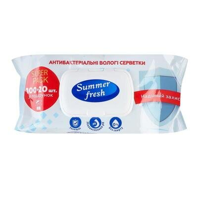 Серветки вологі Summer Fresh антибактеріальні Super Pack, з клапаном, 120 шт