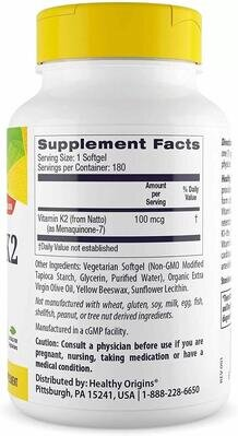Вітамін K2 в формі MK7 Healthy Origins Vitamin K2 as MK7 100 мкг, 180 капсул