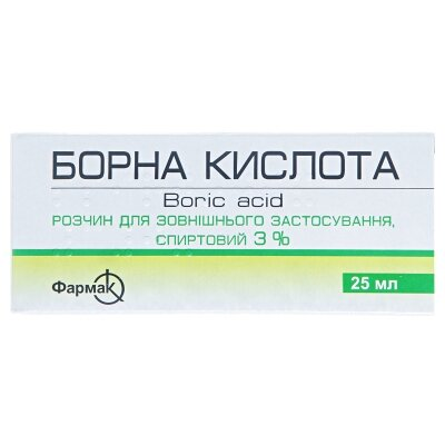 Борна кислота розчин д/зовн. заст., спирт. 3 % по 25 мл у флак.