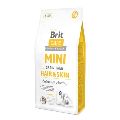 Корм сухий Brit Care Mini GF Hair & Skin для собак мініатюрних порід, шерсть яких вимагає додаткового догляду, лосось та оселедець, 0,4 кг