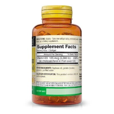 Вітамін D3 5000 МО Mason Natural Vitamin D3, 100 гелевих капсул