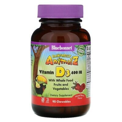 Вітамін D3 400IU Bluebonnet Nutrition Rainforest Animalz з ягідним смаком, 90 жувальних таблеток