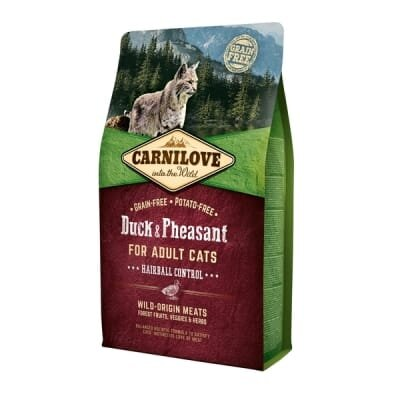 Корм сухий для дорослих кішок Carnilove Cat Duck & Pheasant Hairball Control для виведення волосяних грудок з качкою та фазаном, 2 кг