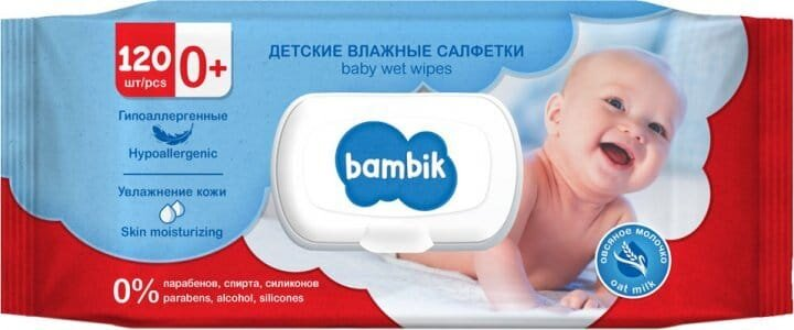 Серветки вологі Bambik дитячі з перших днів життя з вівсяним молочком, 120 шт