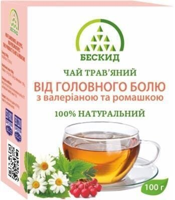 Чай трав'яний Бескид Від головного болю з валеріаною і ромашкою, 100 г