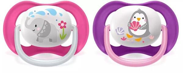 Пустушка силіконова Philips Avent Ultra Air Animal SCF080/08 ортодонтична, для дівчаток, 6-18 місяців, 2 шт