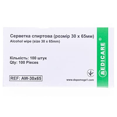 Серветки спиртові Medicare Alcohol wipe медичні 30 мм х 65 мм, 100 штук