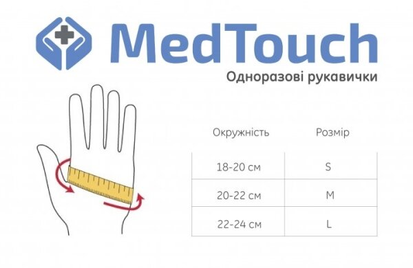 Рукавички оглядові MedTouch нітрилові без пудри нестерильні, розмір M, сині, 100 штук
