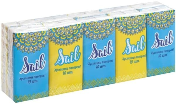 Хусточки паперові Sail одношарові без запаху, 10 шт х 10 уп