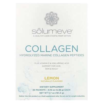 Морський колаген з гіалуроновою кислотою і вітаміном С Solumeve Hydrolyzed marine plus Vitamin C and Hyaluronic Acid лимон, 30 пакетиків