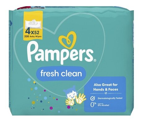 Серветки вологі Pampers Fresh Clean дитячі, 208 шт (4 х 52 шт)