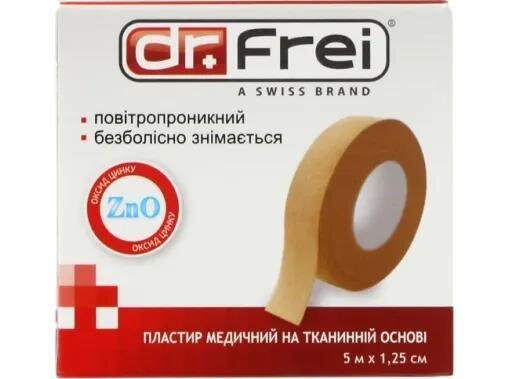Пластир медичний Dr. Frei ZnO на тканинній основі, 1,25 см х 5 м, котушка, 1 штука