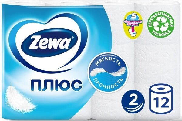 Туалетний папір Zewa Плюс Білий двошаровий, 12 рулонів