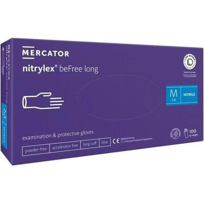 Рукавички оглядові Mercator Medical Nitrylex Befree Long нітрилові неопудрені, розмір M, нестерильні, сині, 100 штук