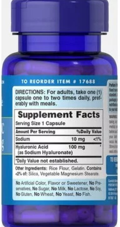 Гіалуронова кислота Puritan's Pride Hyaluronic Acid 100 мг, 60 капсул