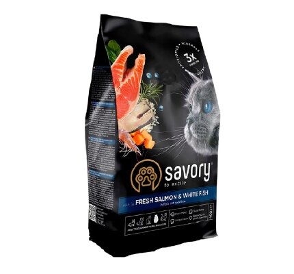 Корм сухий для довгошерстих кішок Savory Adult Cat Gourmand Fresh Salmon & White Fish зі свіжим лососем та білою рибою, 2 кг
