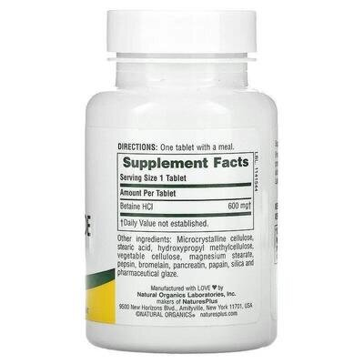 Бетаїну гідрохлорид Nature's Plus Betaine Hydrochloride 600 мг, 90 таблеток