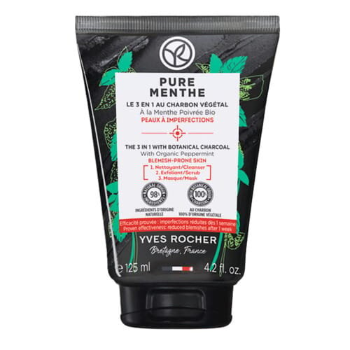 Гель для очищення обличчя Yves Rocher Pure Menthe Засіб 3в1 з Вугіллям та М’ятою, для матовості, 125 мл