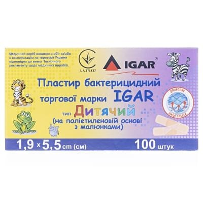 Пластир бактерицидний IGAR тип Дитячий на полімерній основі (поліетилен) з малюнками 1,9 см х 5,5 см, 100 штук
